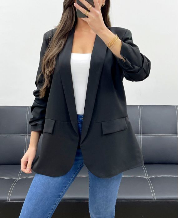 BLAZER JACKET WITH ROLLED-UP SLEEVE LINING PE1181 BLACK