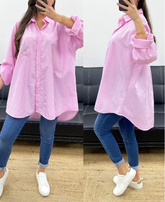 CAMISA OVERSIZE DE RAYAS CON PEDRERÍA STAR PE1061 ROSA