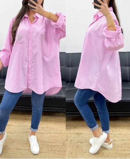 CAMISA OVERSIZE DE RAYAS CON PEDRERÍA STAR PE1061 ROSA