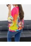 PE1137 FUSHIA PRINTED OPENWORK KNIT SWEATER