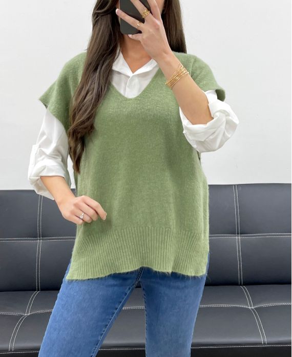 WEICHER ÄRMELLOSER PULLOVER MIT KNÖPFEN SS1102 KHAKI