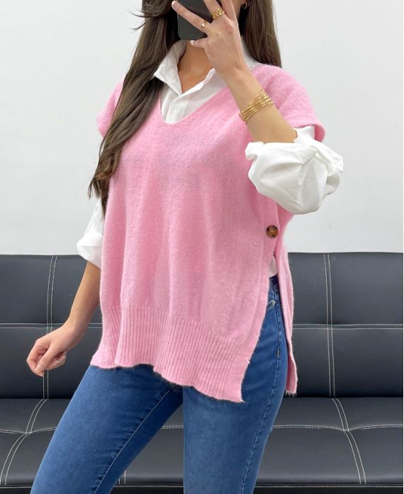 PULL DOUX SANS MANCHES A BOUTONS PE1102 ROSE