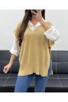 PULL DOUX SANS MANCHES A BOUTONS PE1102 CAMEL