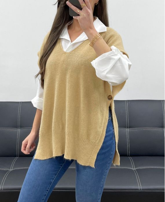 PULL DOUX SANS MANCHES A BOUTONS PE1102 CAMEL