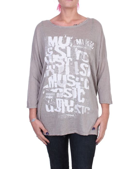 PULL LONG FLOCAGE ECRITURE TAUPE 5407