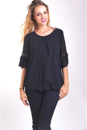 BLOUSE MOUWEN LACE 4000 ZWART