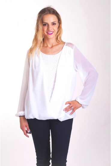 BLUSA DRAPEE ENCAJE 4043 BLANCO