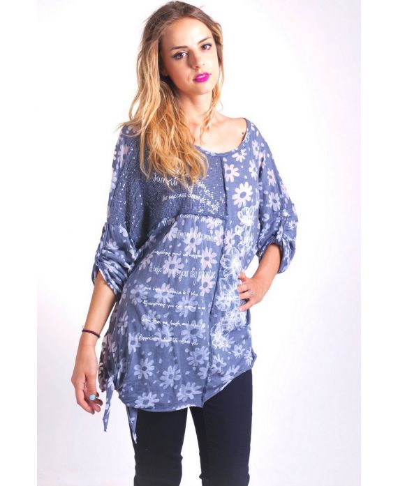 T-SHIRT MIX MATIERES 4047 BLEU