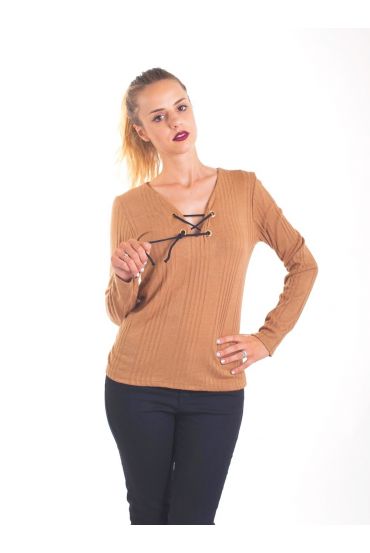 SWEATER HAS LACE-UP 4065 CAMEL