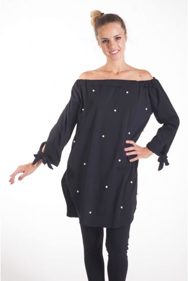 TUNIC BEADED NECK ELASTIC 4081 BLACK