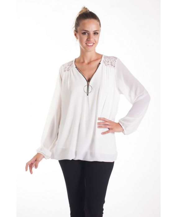 BLOUSE DENTELLE ENCOLURE ZIPPEE 4082 BLANC