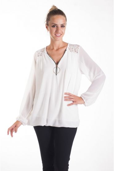 BLOUSE DENTELLE ENCOLURE ZIPPEE 4082 BLANC