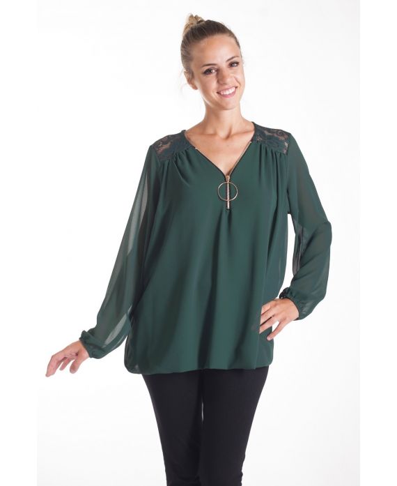 BLOUSE DENTELLE ENCOLURE ZIPPEE 4082 VERT MILITAIRE