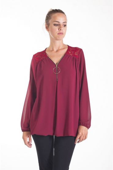 BLOUSE DENTELLE ENCOLURE ZIPPEE 4082 BORDEAUX