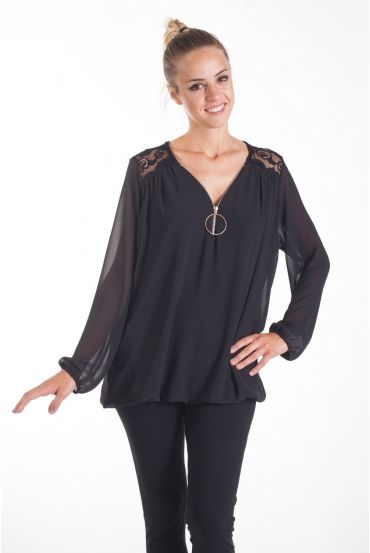 BLOUSE DENTELLE ENCOLURE ZIPPEE 4082 NOIR