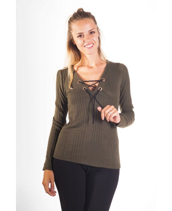 SWEATER HAS LACE-UP 4065 KHAKI