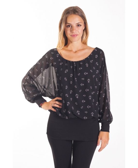 TOP GORDIJN MET PRINTS 4077 ZWART