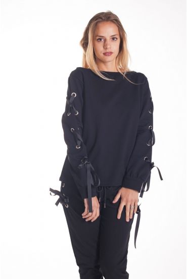 SWEATSHIRT MIT SPITZEN-UP-4153 SCHWARZ