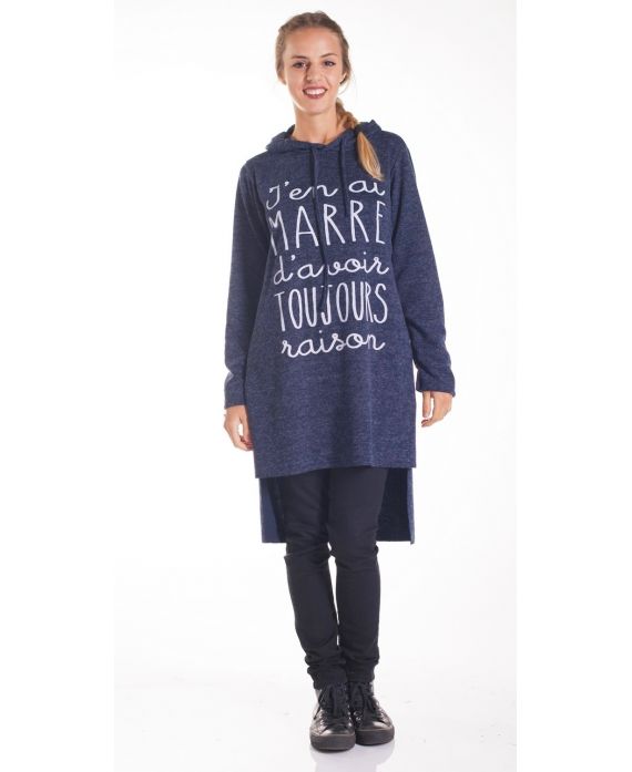 PULL TUNIQUE IMPRIME A CAPUCHE 4130 BLEU