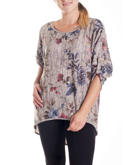 GRANDE TAILLE PULL IMPRIME FLEURS 4146 BEIGE