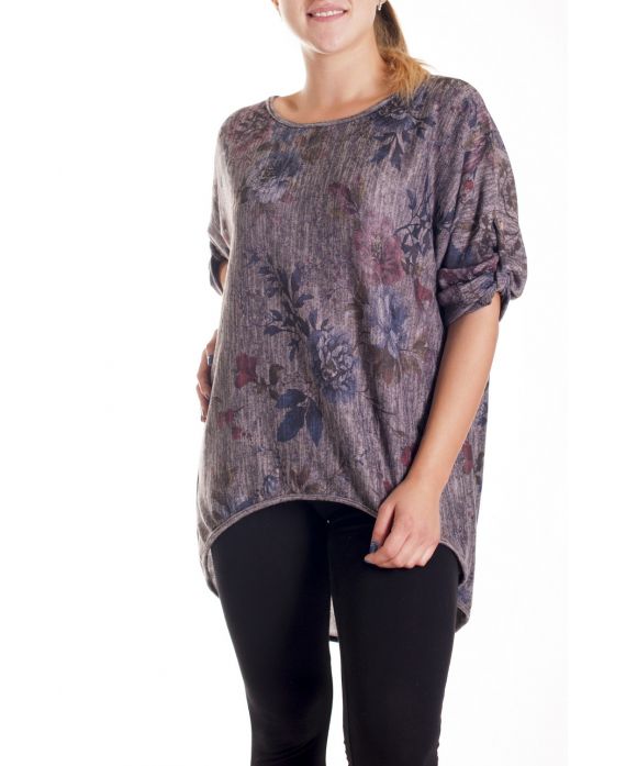 GRANDE TAILLE PULL IMPRIME FLEURS 4146 TAUPE