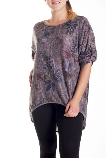 GRANDE TAILLE PULL IMPRIME FLEURS 4146 TAUPE