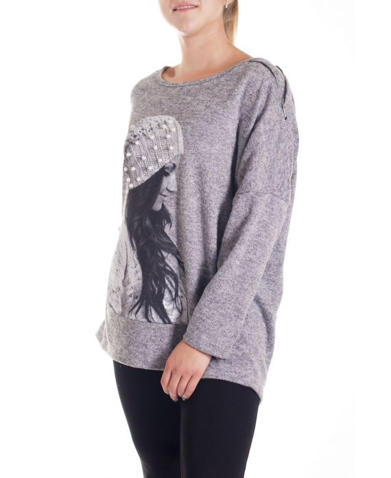 LARGE SIZE SWEATER WOMEN SHOULDERS ZIPPEES 4124 GREY