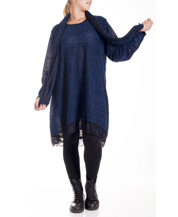 GRANDE TAILLE PULL TUNIQUE + ECHARPE 4160 BLEU