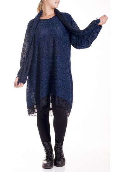 GRANDE TAILLE PULL TUNIQUE + ECHARPE 4160 BLEU