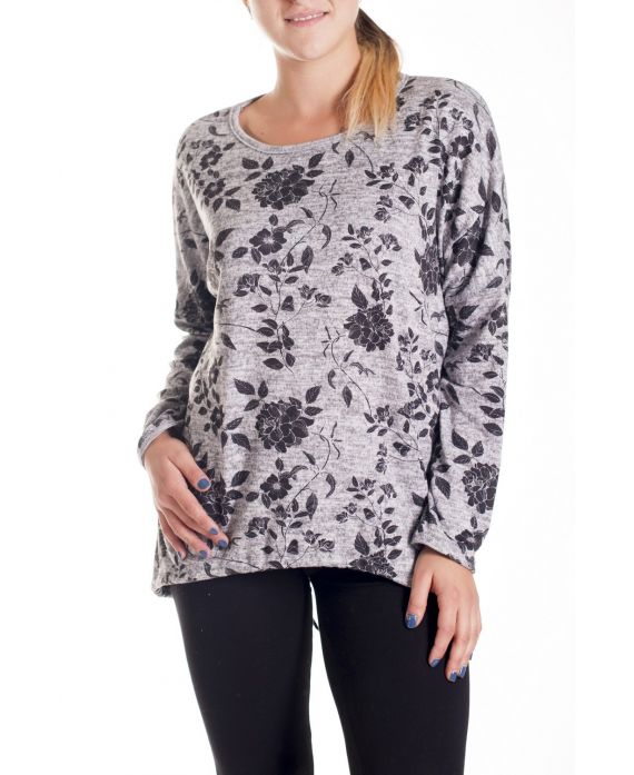 LARGE SIZE SWEATER PRINT FLOWERS 4143 GREY