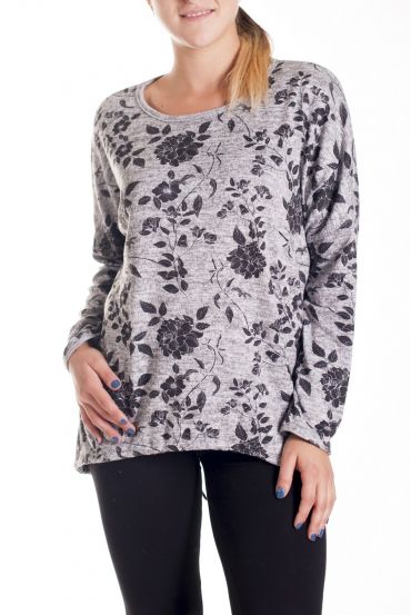 LARGE SIZE SWEATER PRINT FLOWERS 4143 GREY