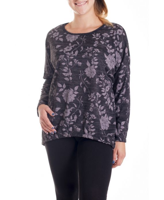 GRANDE TAILLE PULL IMPRIME FLEURS 4143 NOIR