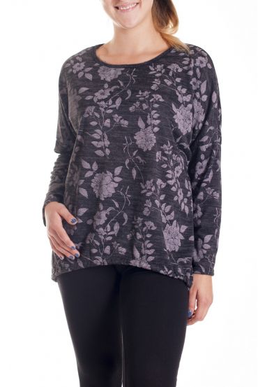 GRANDE TAILLE PULL IMPRIME FLEURS 4143 NOIR