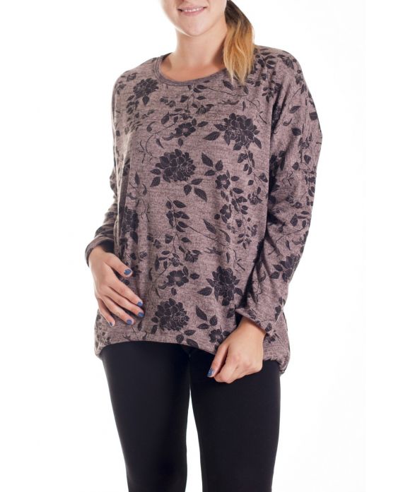 GROOT FORMAAT TRUI MET PRINT VAN BLOEMEN 4143 TAUPE