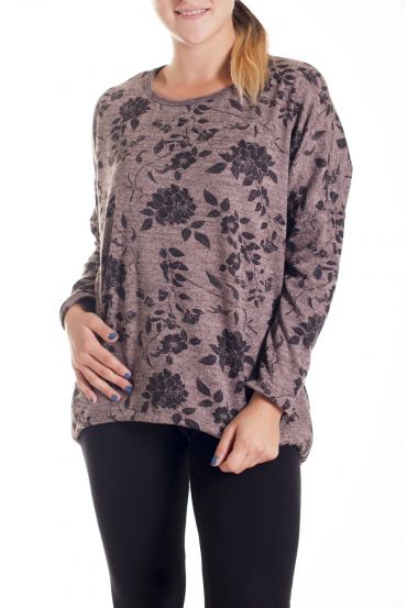 GRANDE TAILLE PULL IMPRIME FLEURS 4143 TAUPE