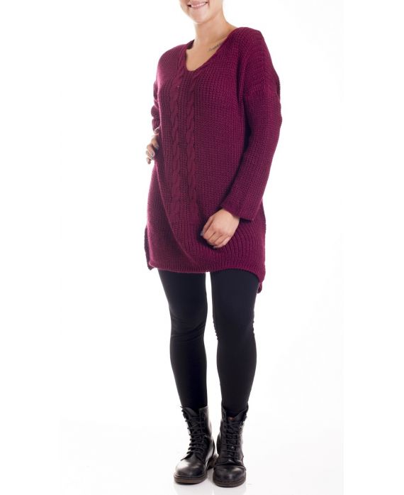 GRANDE TAILLE PULL LONG TORSADES 4195 BORDEAUX