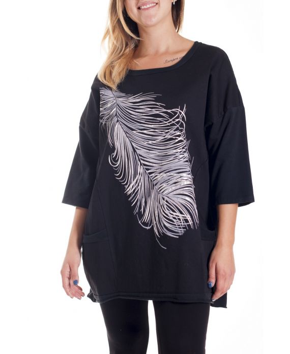 GRANDE TAILLE T-SHIRT FLOCAGE POCHES 4191 NOIR