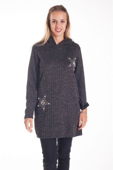 PULL LONG CAPUCHE CLOUTE ETOILE 4201 NOIR