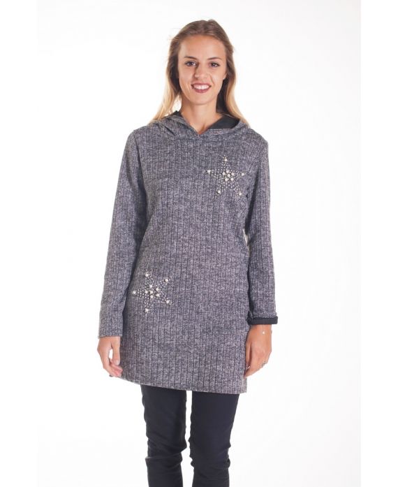 PULL LONG CAPUCHE CLOUTE ETOILE 4201 GRIS