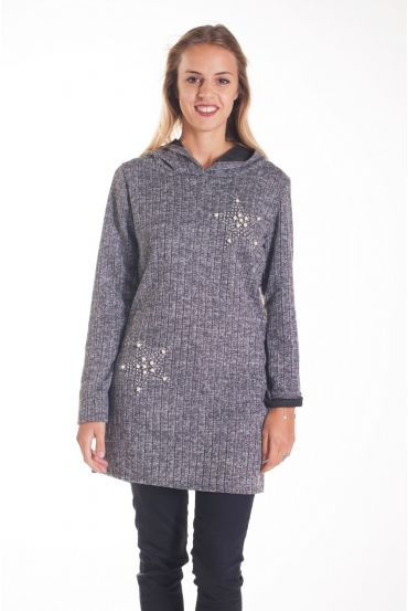 PULL LONG CAPUCHE CLOUTE ETOILE 4201 GRIS