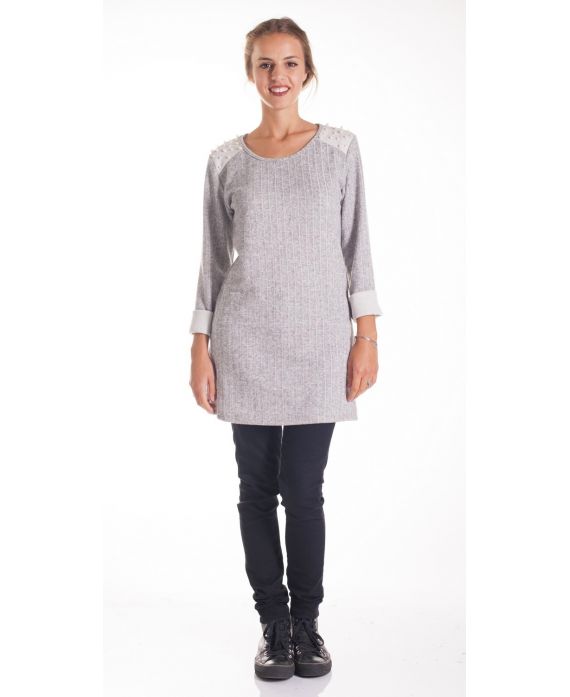 PULL TUNIQUE EPAULES CLOUTEES 4202 GRIS CLAIR