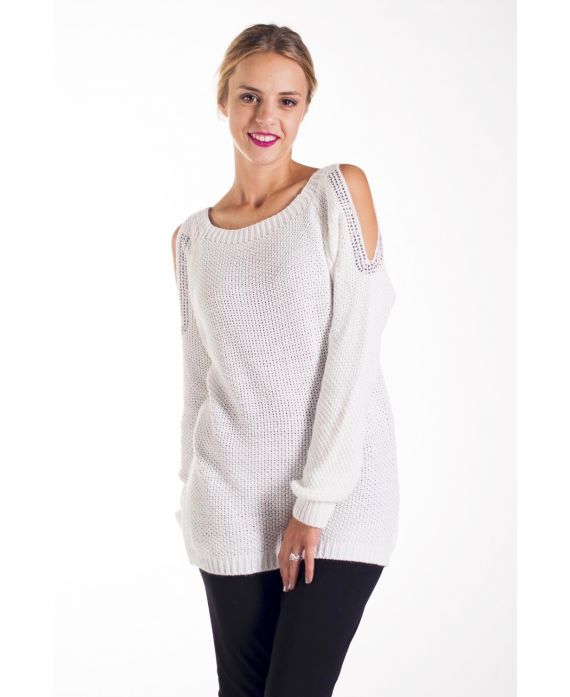 PULL EPAULES OUVERTES CLOUTEES 4234 BLANC