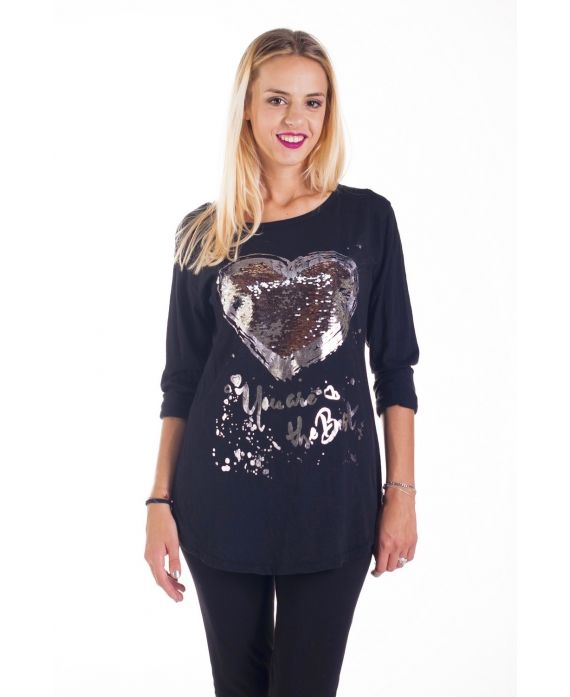 T-SHIRT CŒUR PAILLETTES 4233 NOIR