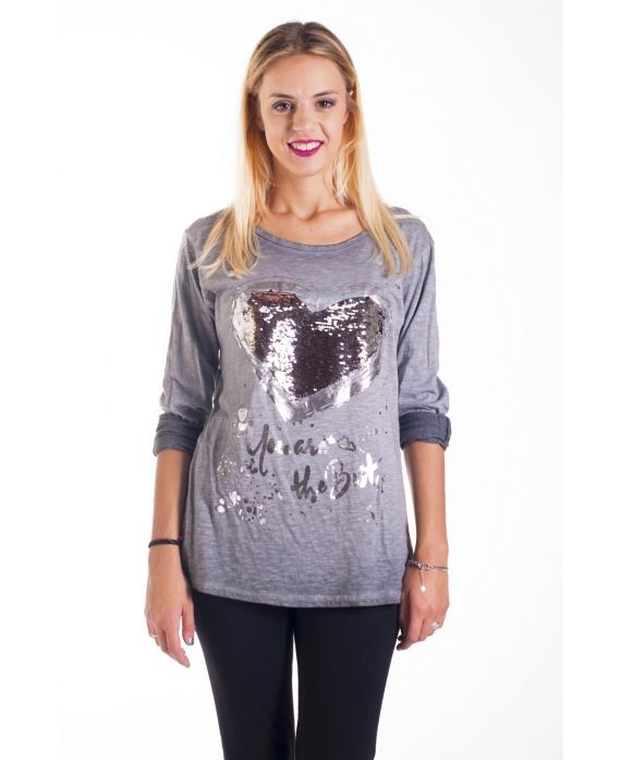 T-SHIRT CŒUR PAILLETTES 4233 GRIS