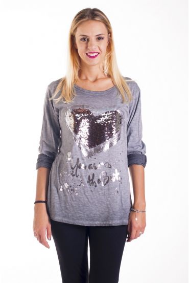 T-SHIRT MET PAILLETTEN HART 4233 GRIJS