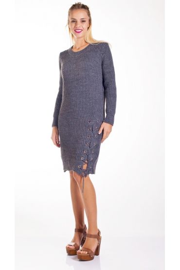 SWEATER DRESS HAS LACE-UP 4266 GREY