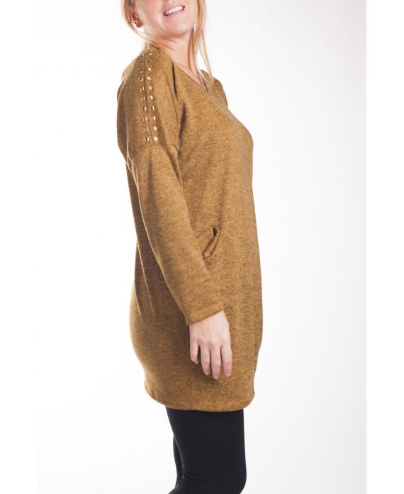 LARGE SIZE SWEATER TUNIC RIVETS POCKETS 4246 MUSTARD