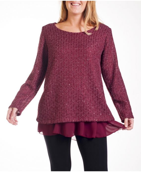 GRANDE TAILLE PULL TUNIQUE SUPERPOSEE 4252 BORDEAUX