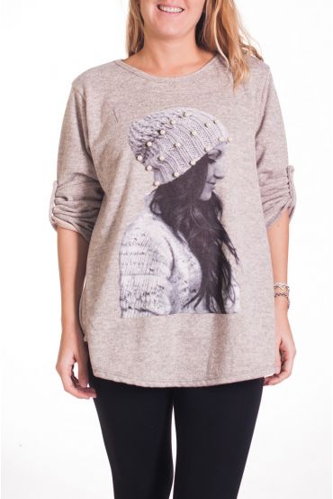 LARGE SIZE SWEATER PRINT WIFE 4344 BEIGE