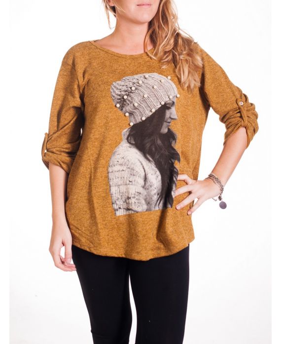 LARGE SIZE SWEATER PRINT WIFE 4344 MUSTARD